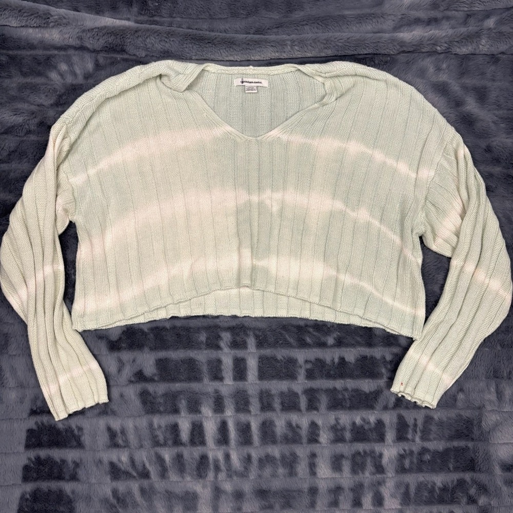 American Eagle Mint Green Tie Dye Cropped V-Neck Ribbed Knit Sweater Womens XS